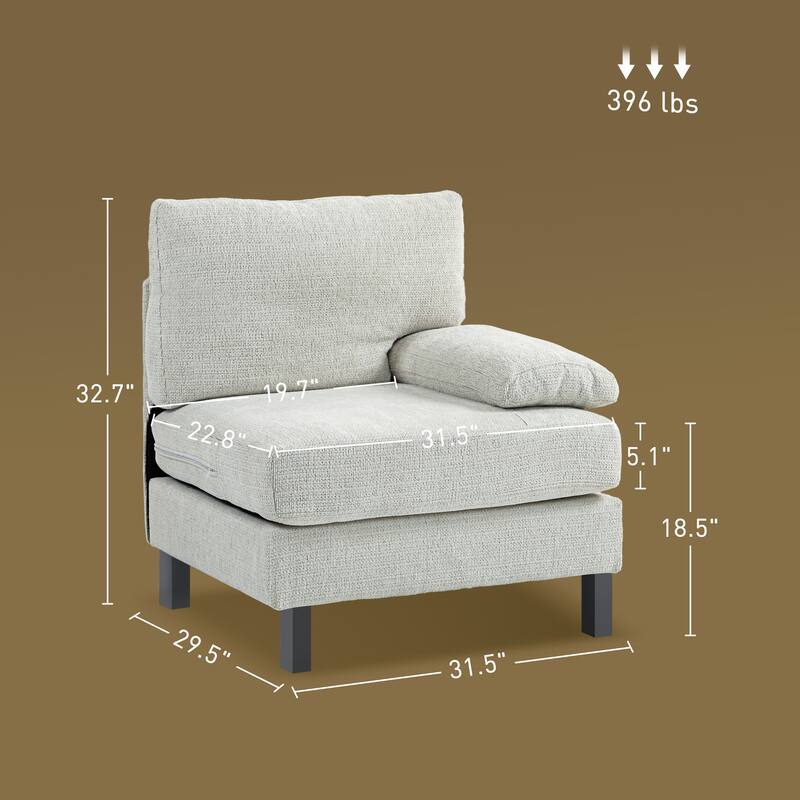 Modular Sectional Sofa Right Facing Armchair with Wood Legs and Pocket Spring, Cream White