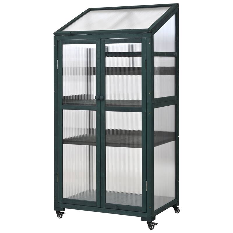 Roomfitters 62" Wood Greenhouse Cold Frame with Wheels and Adjustable Shelves for Indoor Outdoor Use, Green