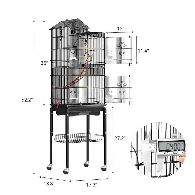 62"H Metal Large Bird Cage with Roof Top, Rolling Stand and Toys