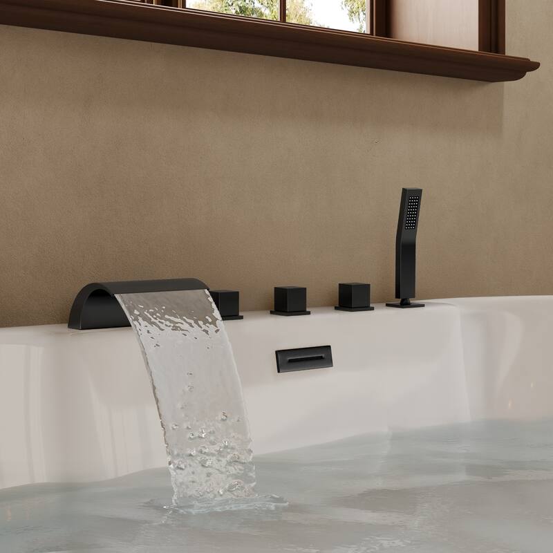 5-Hole 3-Handle Deck-Mount Waterfall Tub Faucet with Hand Shower,Waterfall Spout Bathtub Faucet