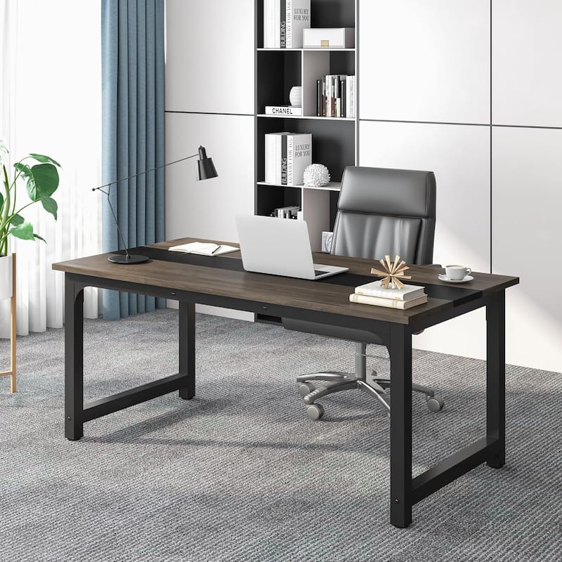 63" Large Modern Computer Desk-Heavy Duty Writing Table with Steel Frame, Workstation with Spacious Desktop & Adjustable Feet - Grey+Black