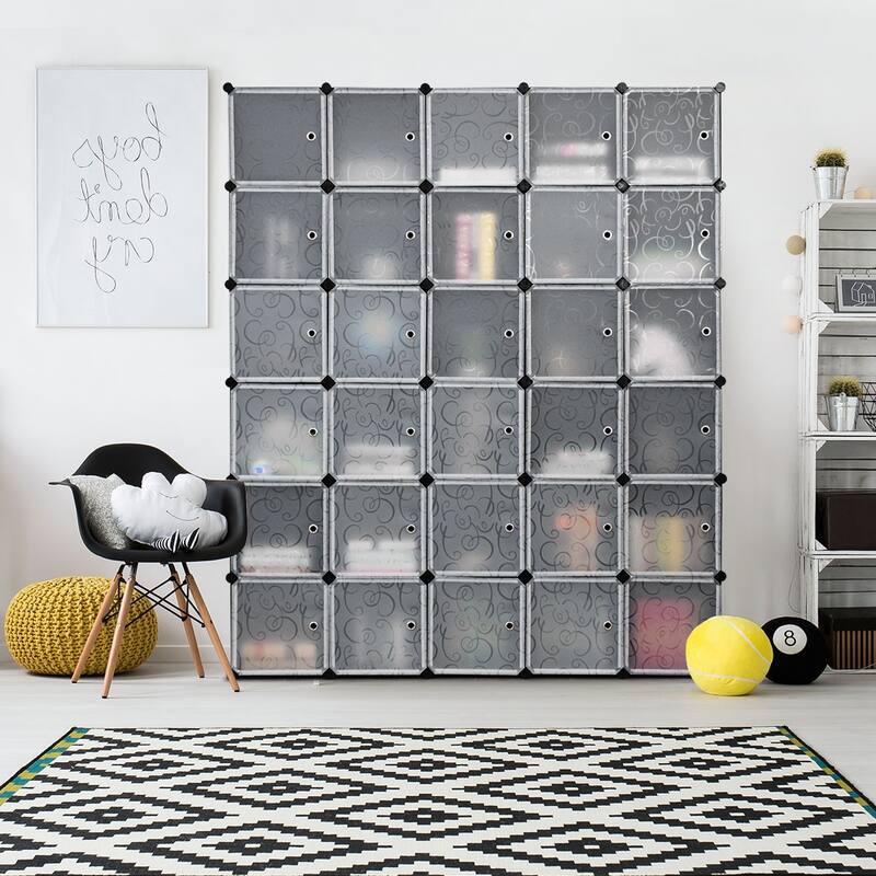 Costway DIY 30 Cube Portable Closet Storage Organizer Clothes Wardrobe - Grey - 71''x18''x85'' (L x W x H)