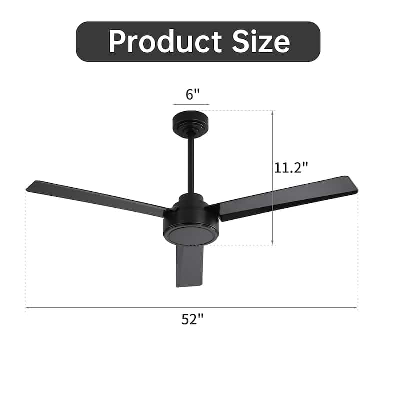 52" Ceiling Fan Without Light, 3 ABS Blades Ceiling Fan with Remote Control - Black