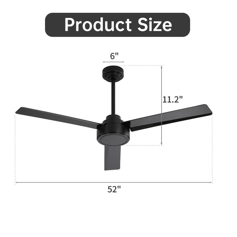52" Outdoor Ceiling Fan Without Light, 3 ABS Blades Farmhouse Ceiling Fan with Remote Control 6-speed Reversible DC Motor Black