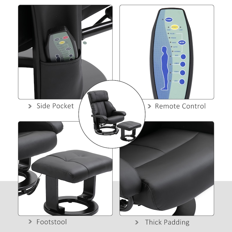 Massage Recliner in PU Leather with Footstool and 360째 Swivel Function