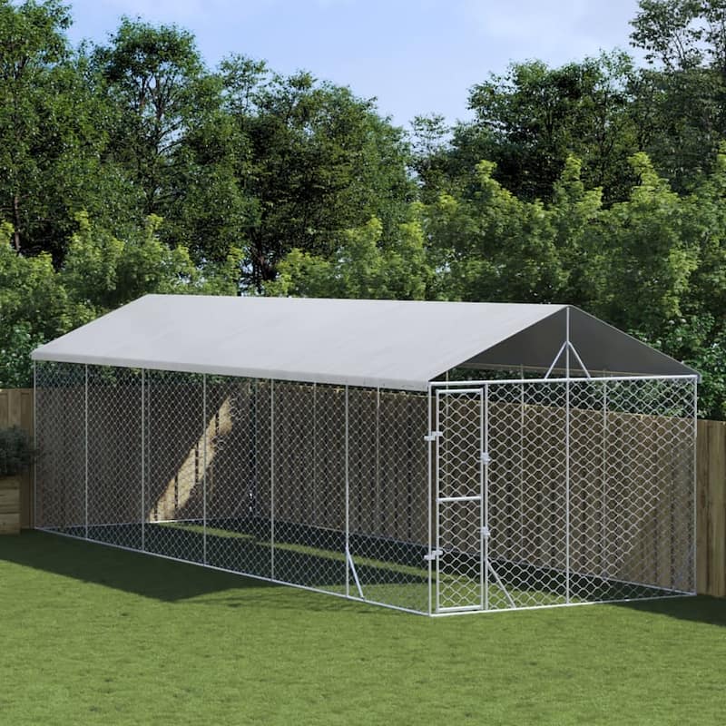 vidaXL Outdoor Dog Kennel with Roof Silver Galvanized Steel - 9.8' x 29.5' x 8.2'