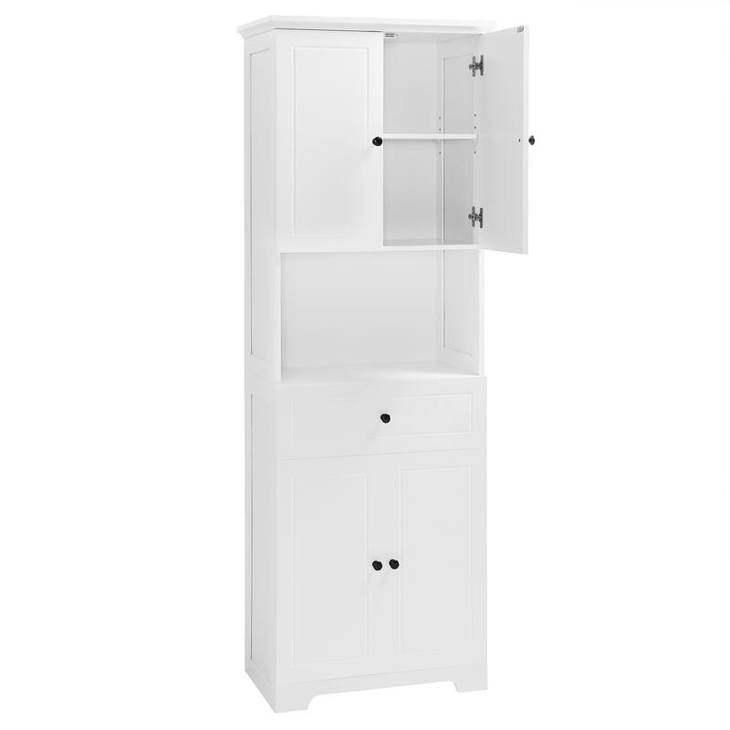 Roomfitters Tall Bathroom Cabinet with Four Doors, Upper Cabinet and Large Open Storage Shelves, White