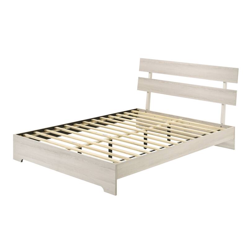 Rustic King Platform Bed Frame with Slat Headboard, White Wash Finish, Contemporary Style