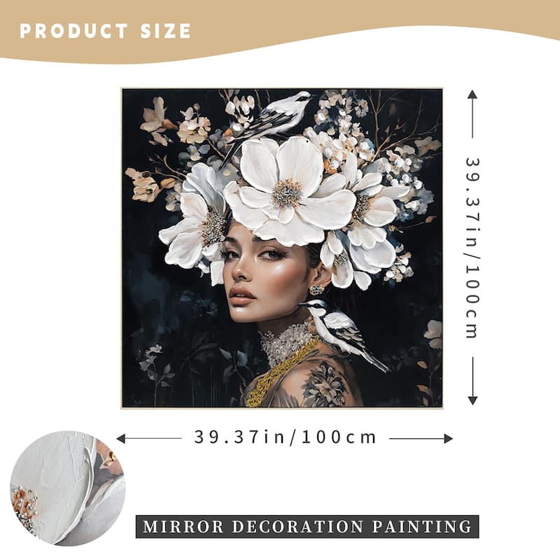 Floral Woman Canvas Wall Art Black And White Bird Tattoo Portrait Modern Aesthetic Artwork,Art Oil Painting