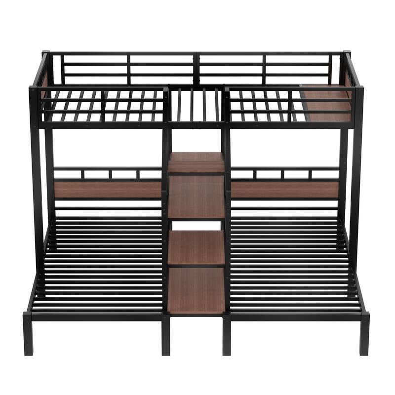 Roomfitters Twin/Queen Metal Triple Bunk Bed with Storage Shelves & Stairs, Space-Saving Heavy-Duty Frame, Black
