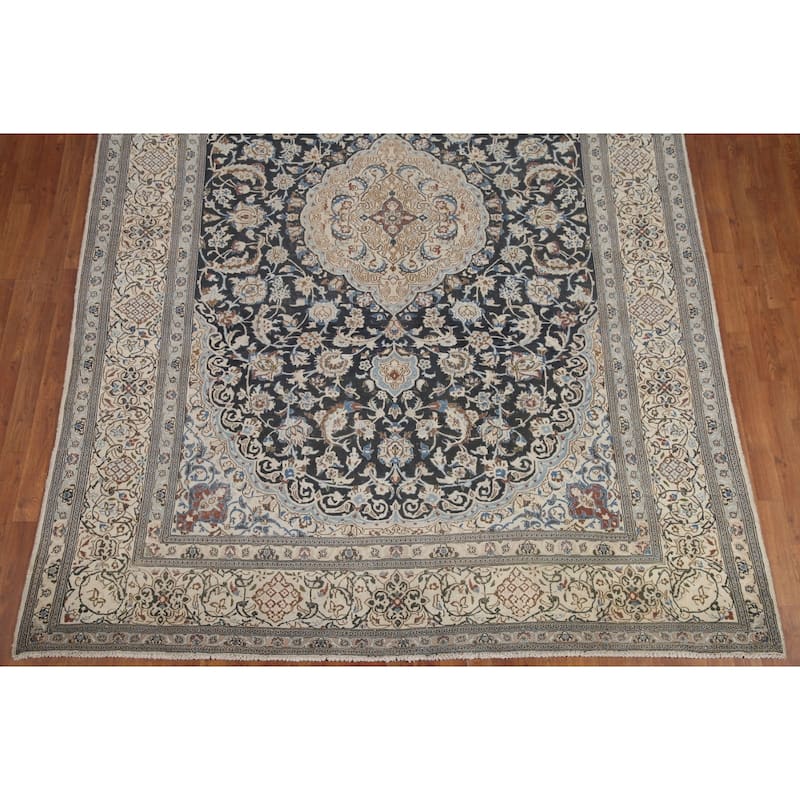 Hand Knotted Oriental 100% Wool Carpet Traditional Floral Black Nain Area Rug - 11' 9'' X 7' 11''