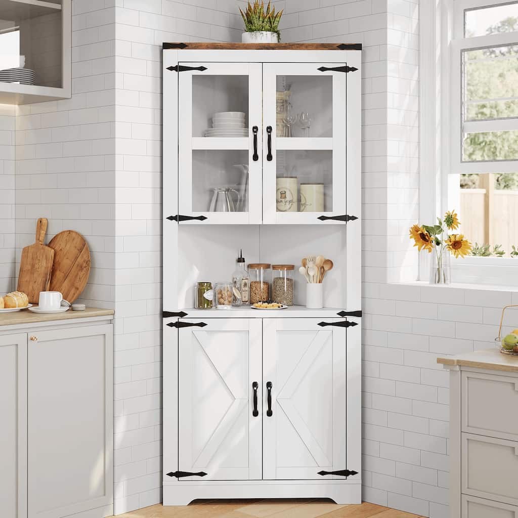Tall Corner Cabinet, Farmhouse Corner Storage Cabinet with Glass Door & Adjustable Shelves, Space Saving Storage