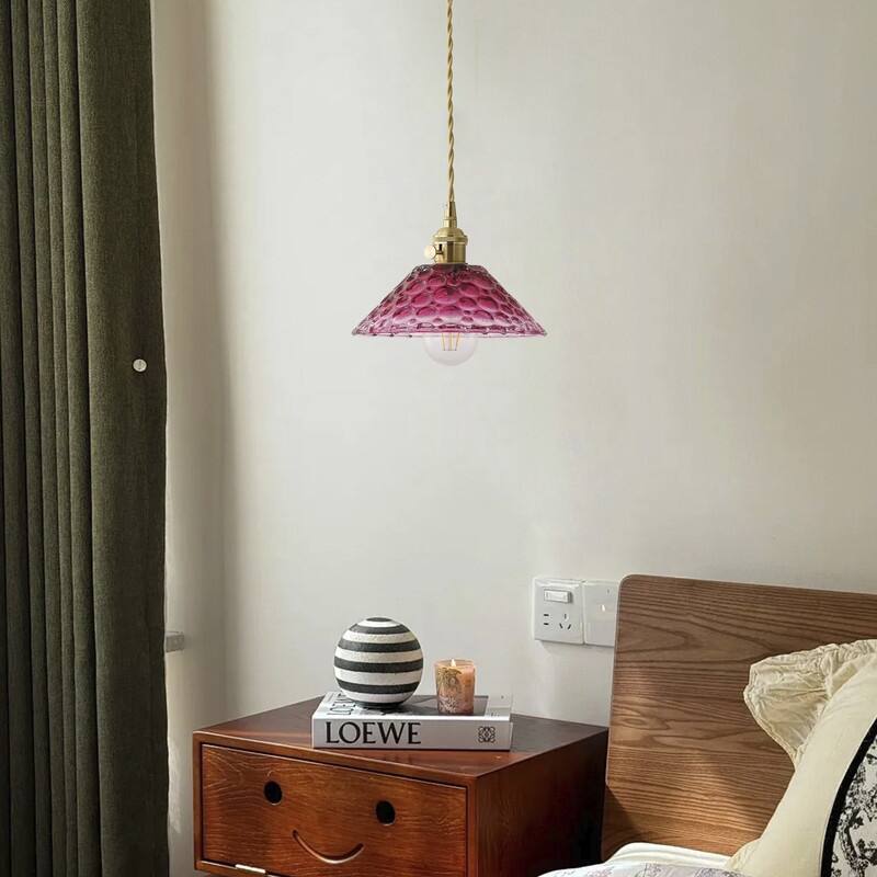 Vintage Glass Pendant Light Purple Red Shade Metal Hanging Lamp Ceiling Fixture - N/A