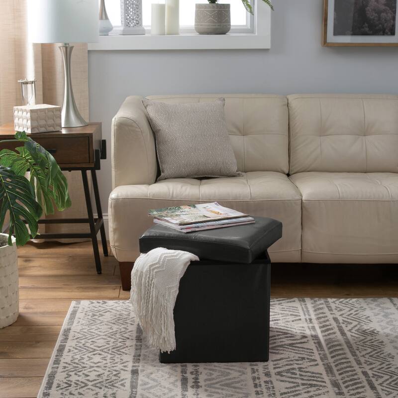 Simplify Black Leather Folding Storage Ottoman Cube - 15" x 15" x 15"