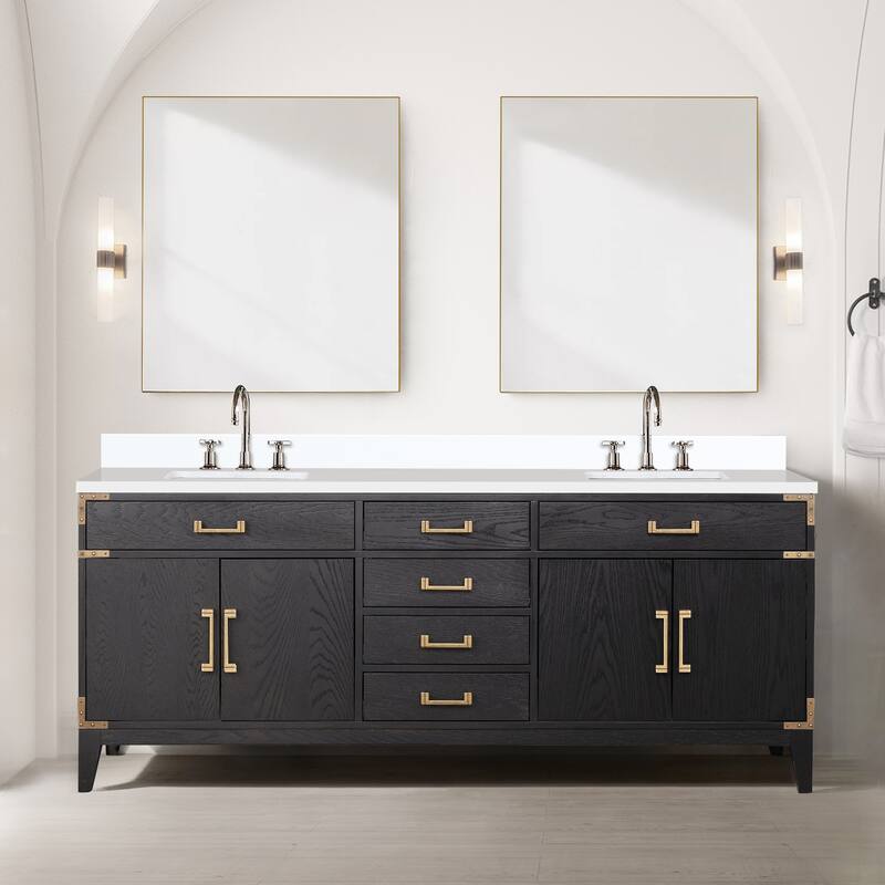 Laurel 60 in W x 22 in D Black Oak Double Bath Vanity, White Quartz Top, Faucet Set, and 28 in Mirrors