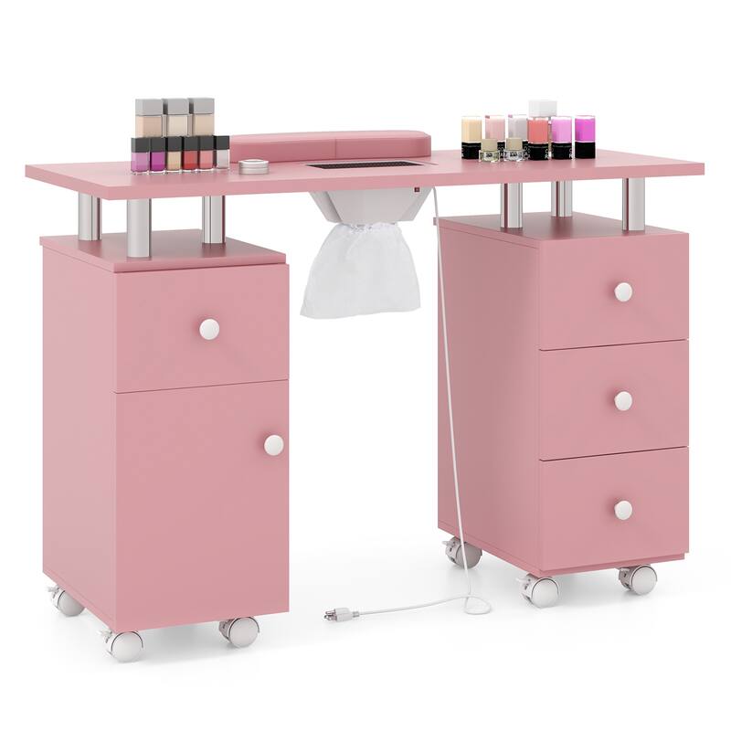 Gymax Manicure Table Nail Desk w/ Electric Dust Collector 3 Dust Bags - Pink