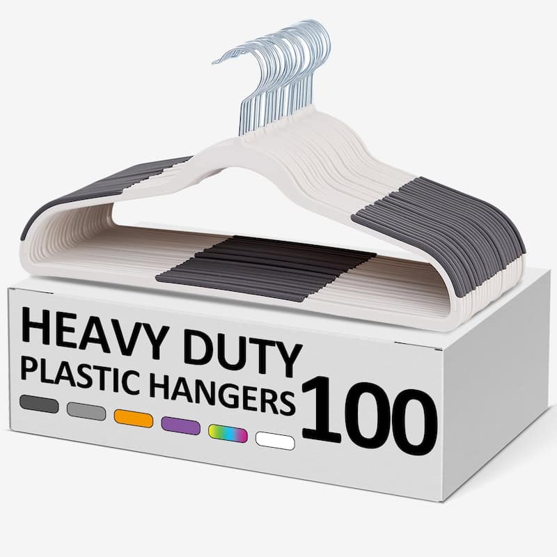 100 Pack Clothes Hangers Plastic Coat Hangers Non-Slip Space-Saving Swivel Hook - Light Grey