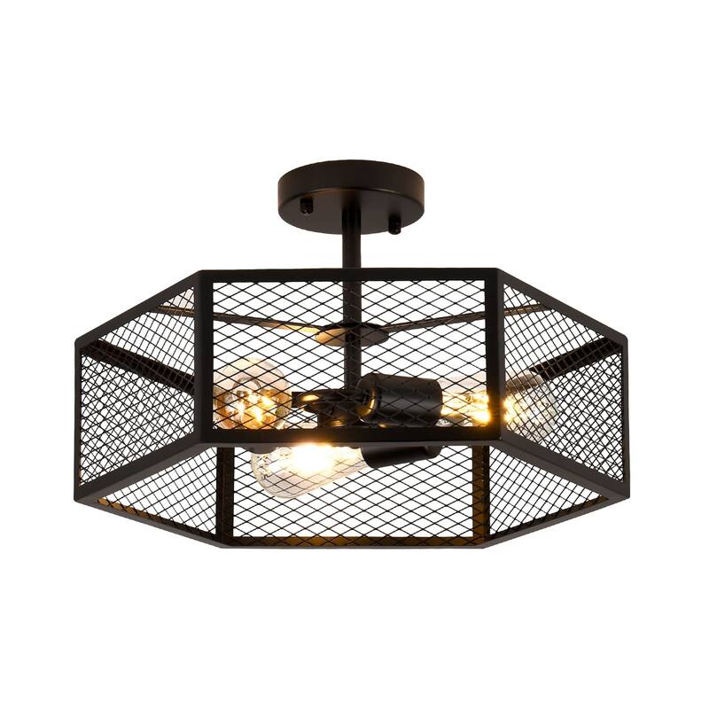 3-Light Farmhouse Drum Black Caged Semi Flush Mount - Matte Black - N/A