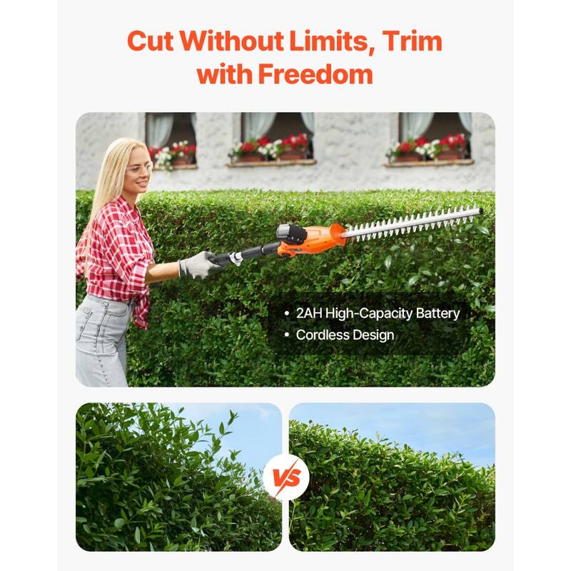 20V Cordless Electric Hedge Trimmer with 1200RPM Motor 20in Blade - 78.4in x 3.7in x 6.5in