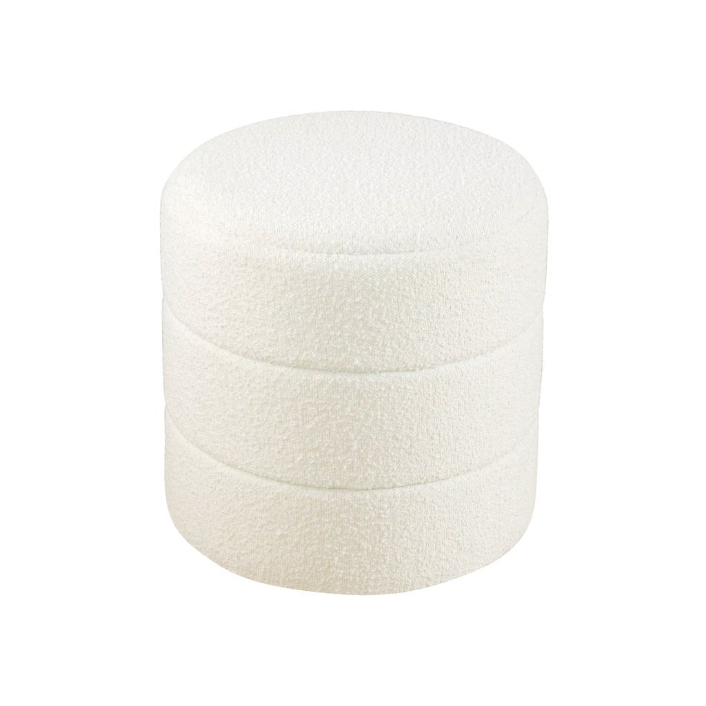 Sem 18 Inch Cream White Chanel-Stitched Boucle Round Accent Ottoman
