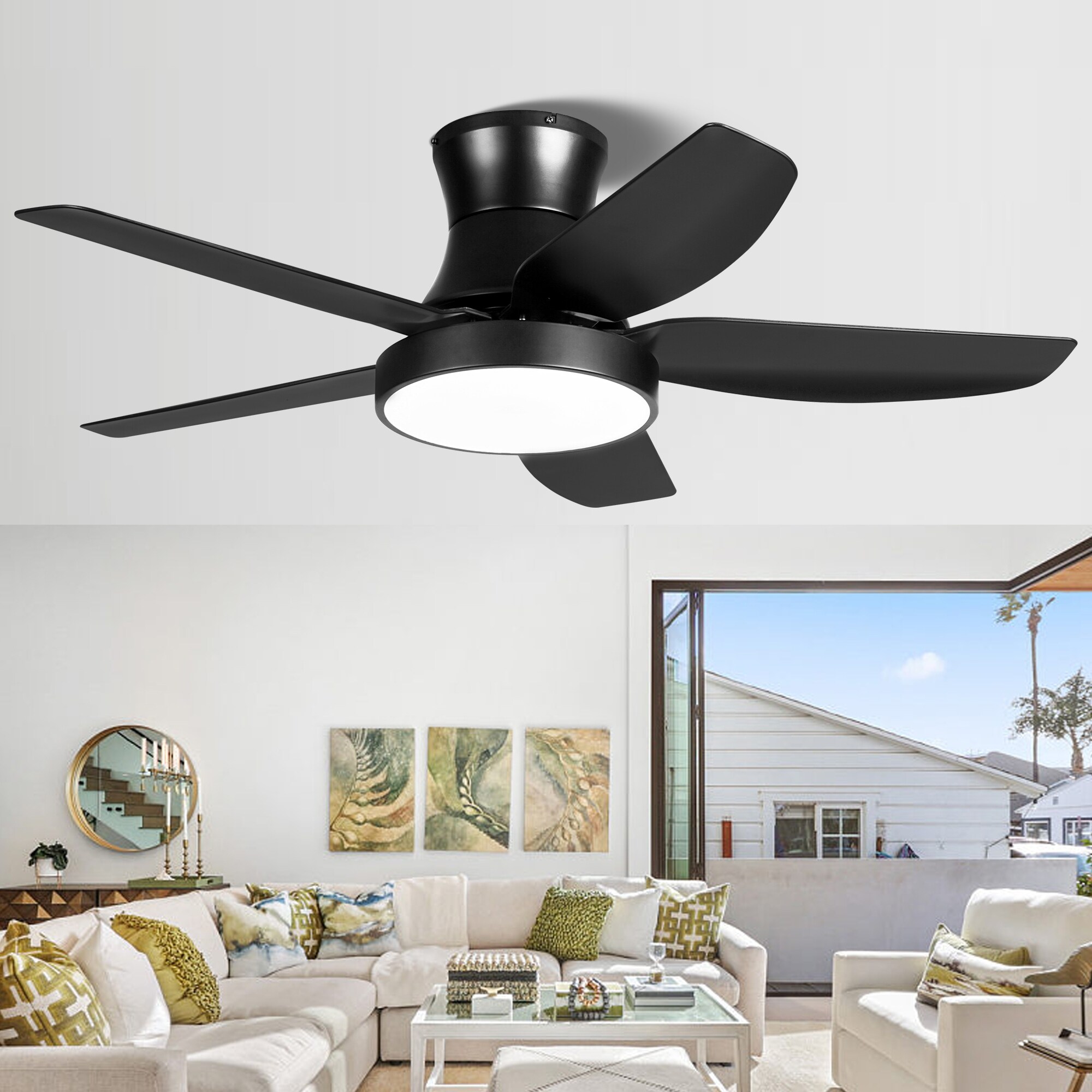 36 Inch Low Profile Ceiling Fan With Light And Remote – Black, 3-Speed, Modern LED