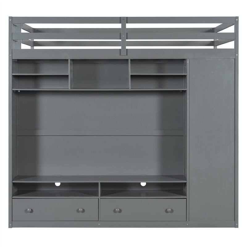 Full Size Loft Bed with LED Light, Wardrobe and 2 Storage Drawers, Solid Wood Loft Bedframe with Open Storage Shelves