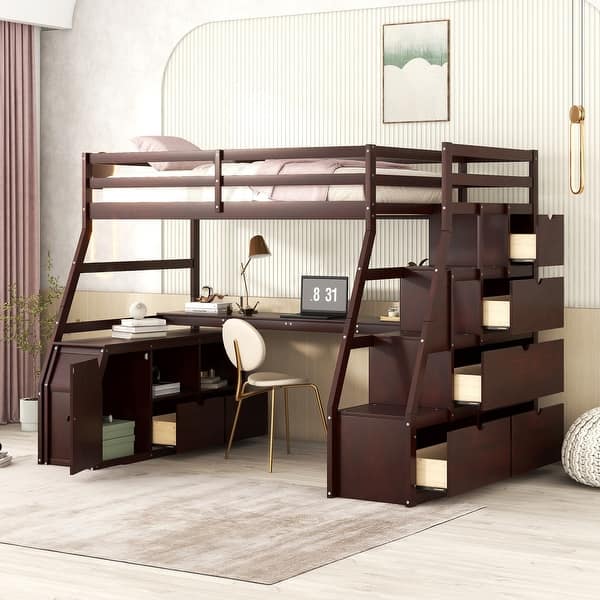 slide 2 of 7, Espresso Twin Size Loft Bed with Desk and Cabinet, Storage Staircase, 7 Drawers and 2 Shelves Espresso