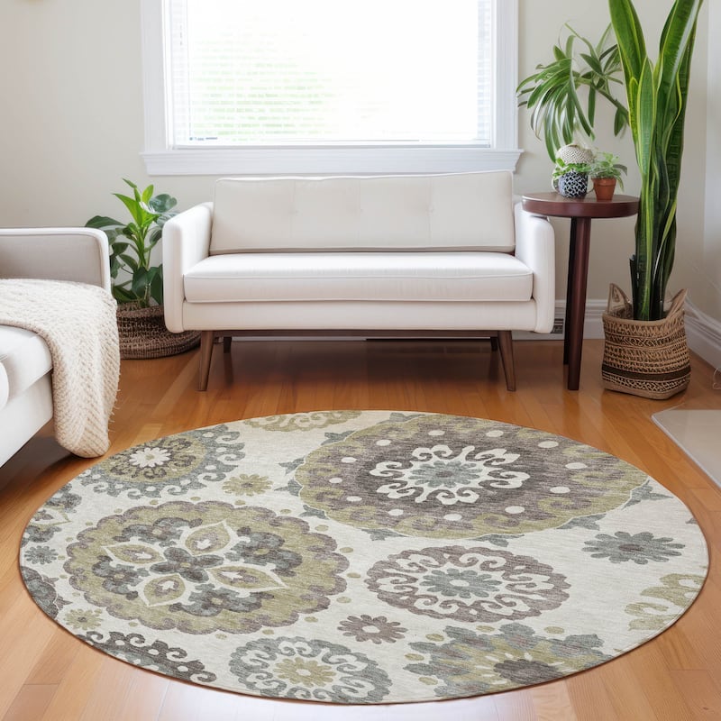 Premium Washable Super Soft Boho Suzani Mayfield Rug - Beige - 8' x 8' - Round
