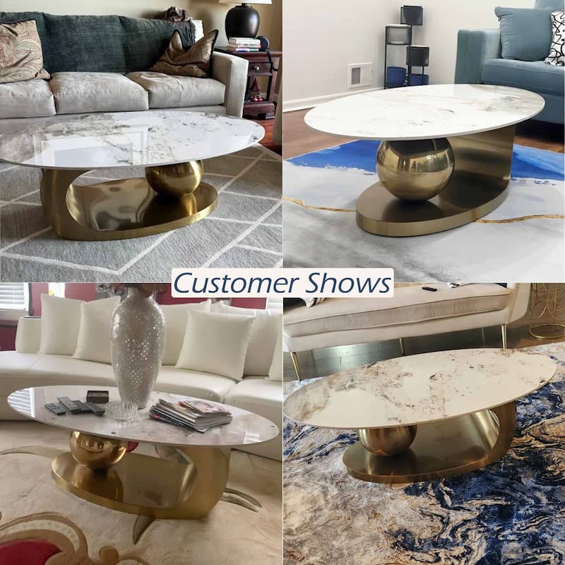 51" Modern Pandora Oval Coffee Table with Glossy Sintered stone top, Luxury Coffee Table, Stainless Steel Legs for Livingroom