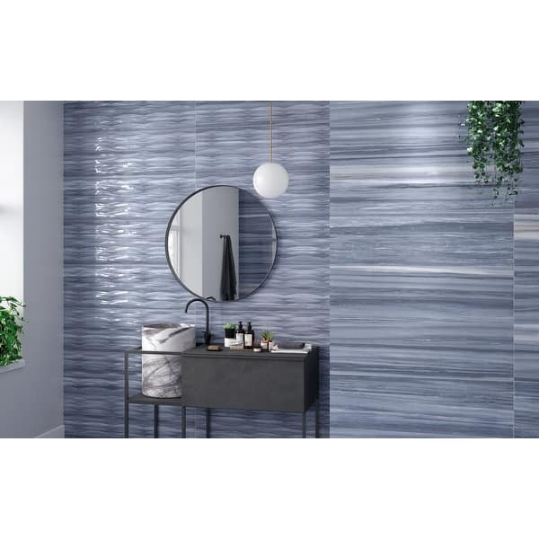 The Tile Life Fresno 12in x 40in Blue Ceramic Marble Look Wall Tile