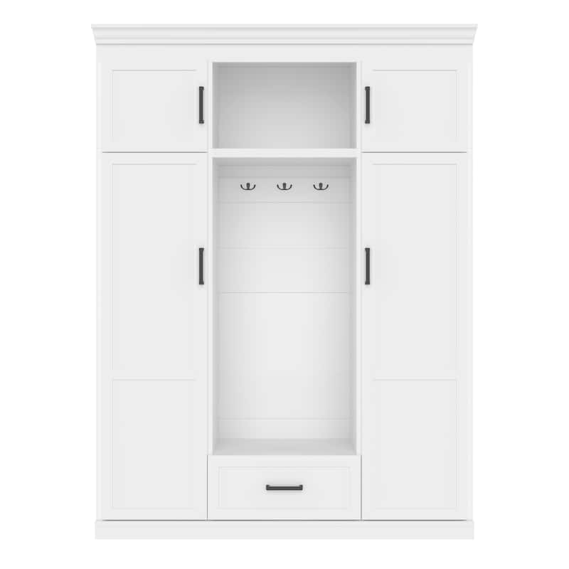 85.2" Hall Tree with Bench Hooks and Storage Cabinet with Doors Drawer and Shelves - 63" D x 19.7" W x 85.2" H - White