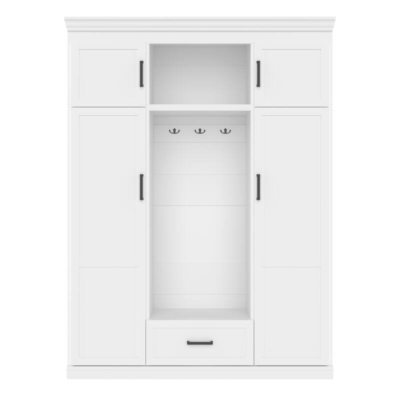 85.2''H Hall Tree with Bench and 3 Hooks, Modern Entryway Storage Organizer Cabinet with 4 Doors,1 Drawer and Adjustable Shelves