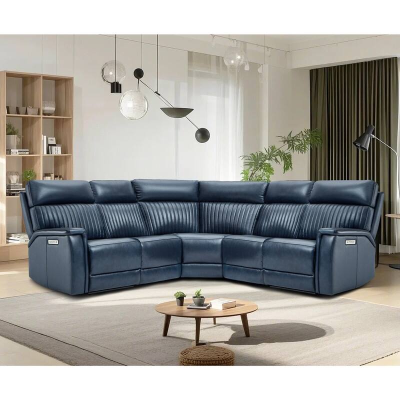 Genuine Leather Power Recliner Sectional with Power Ajustable Headrest and Lumbar, Zero Gravity, 2 Stationary Armlesschairs - Blue