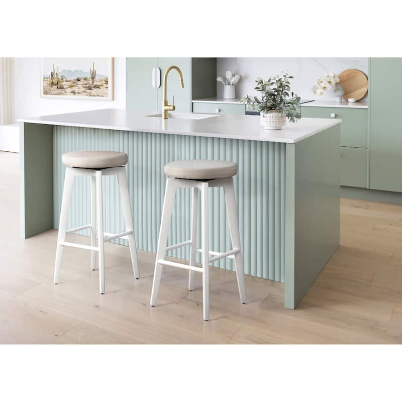 LuXeo Serena Bar Stool Wood Legs with Upholstered Fabric Seat (Set of 2) - White/ Beige Seat - Counter Height - 23-28 in.