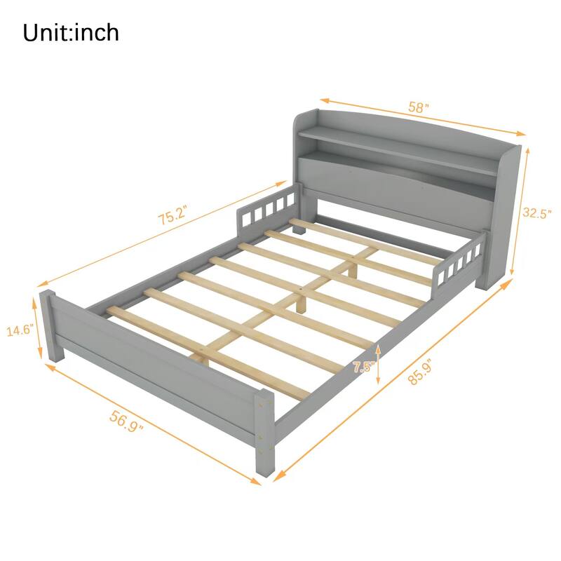 Full Size Platform Bed with LED Motion Sensor Light, Bookcase & Adjustable Guardrails