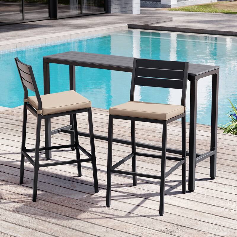 Outdoor 3-Piece Patio Bar Stools Set Rectangle Bar Table and Barstools with Cushion