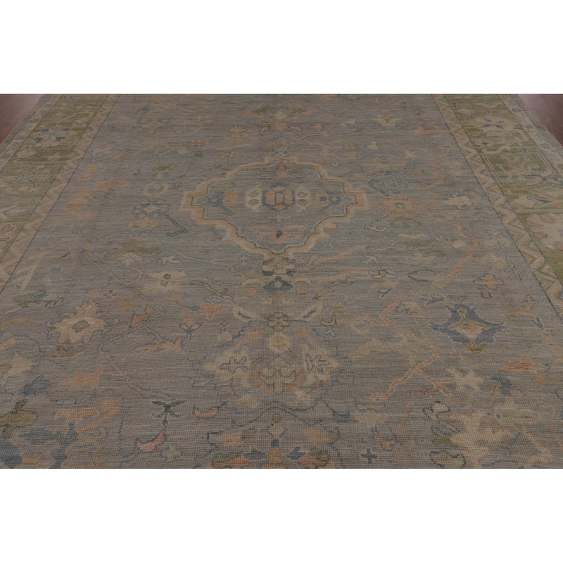Vegetable Dye Oushak Turkish Area Rug Hand-Knotted Grey Wool Carpet - 9'5"x 12'1"