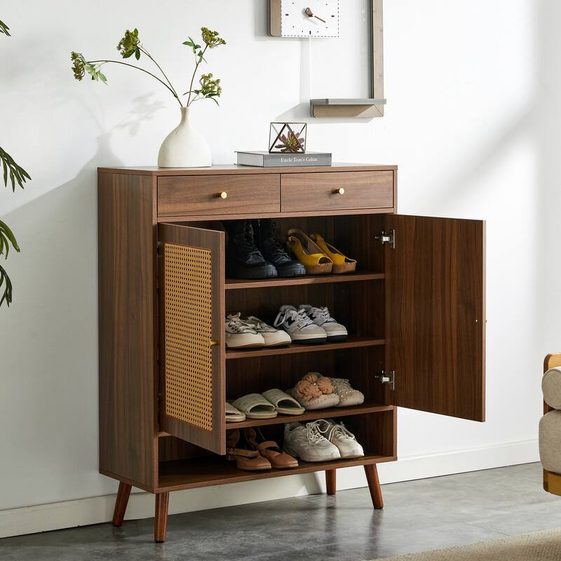 Rattan Weaving Shoe Cabinet, Multi-Functional Shoe Rack Organizer, Sideboard Buffet with Top Drawers & Lower Cabinet Doors