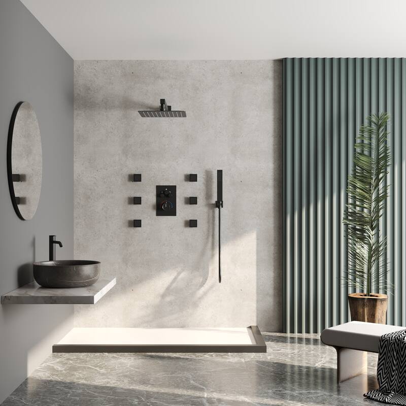 Thermostatic Shower System 12" Rain Shower Head with High Pressure Handheld Spray