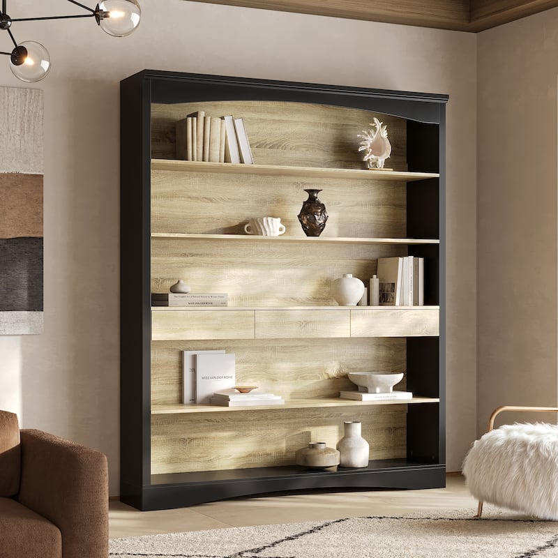 65" Tall Bookshelf with Drawers, Extra-Wide Storage Shelf Unit, Adjustable Wood Bookcase, Modern Display Cabinet