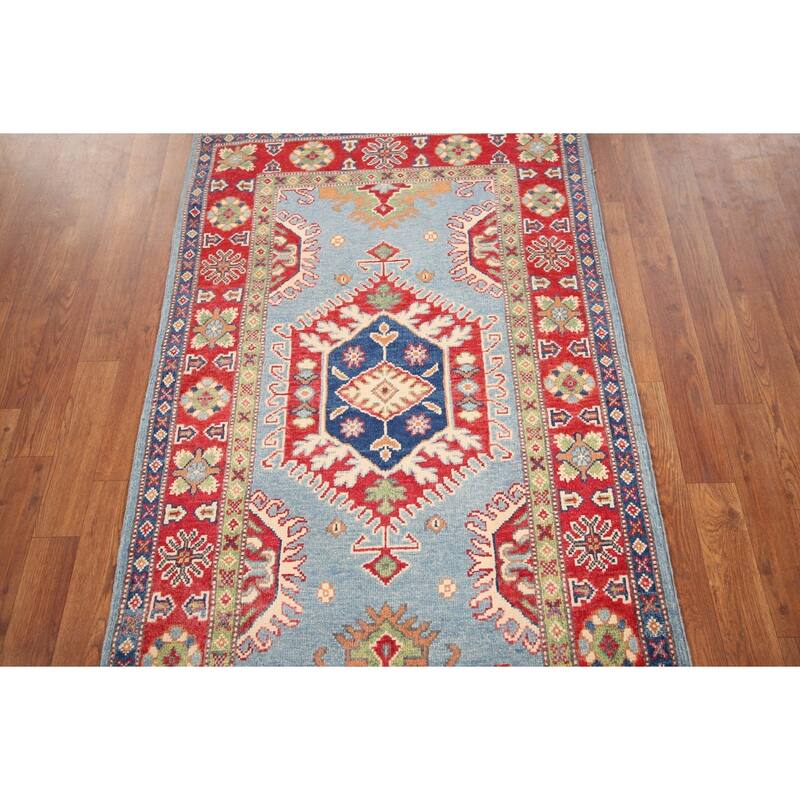Light Blue Geometric Kazak Rug Entryway Hand-Knotted Wool Carpet - 3'1" x 4'11"