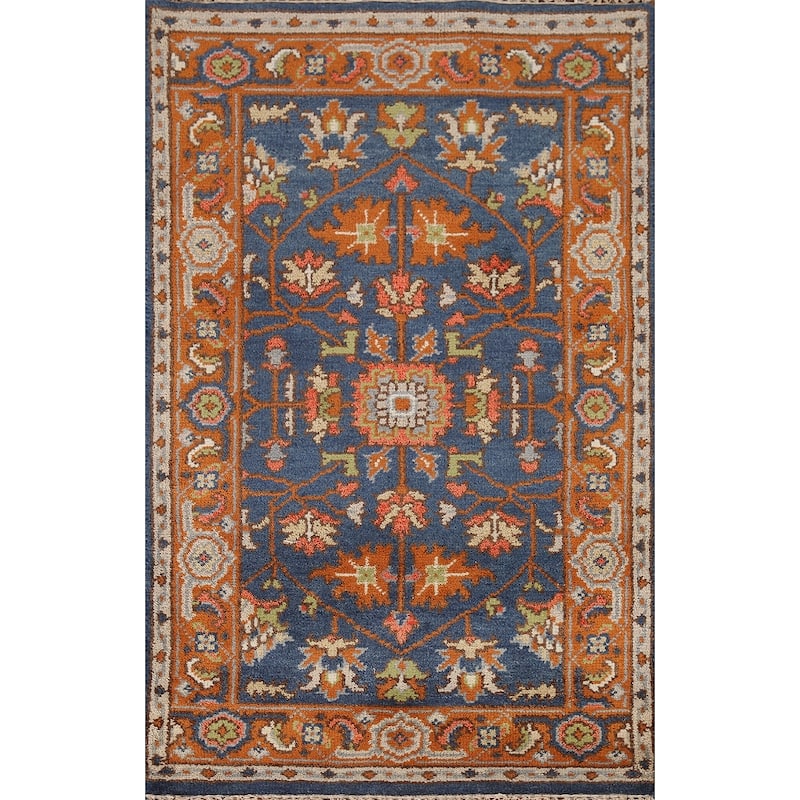Blue Floral Heriz Serapi Indian Accent Rug Handmade Wool Carpet - 3'0"x 5'0"