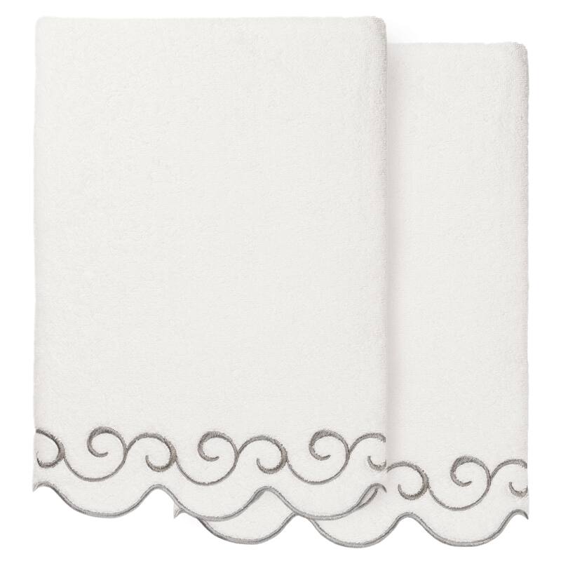 Authentic Hotel and Spa 100% Turkish Cotton SIMPLICITY Scallop Embellished Towel Collection - White/Grey - 2 Bath Towels