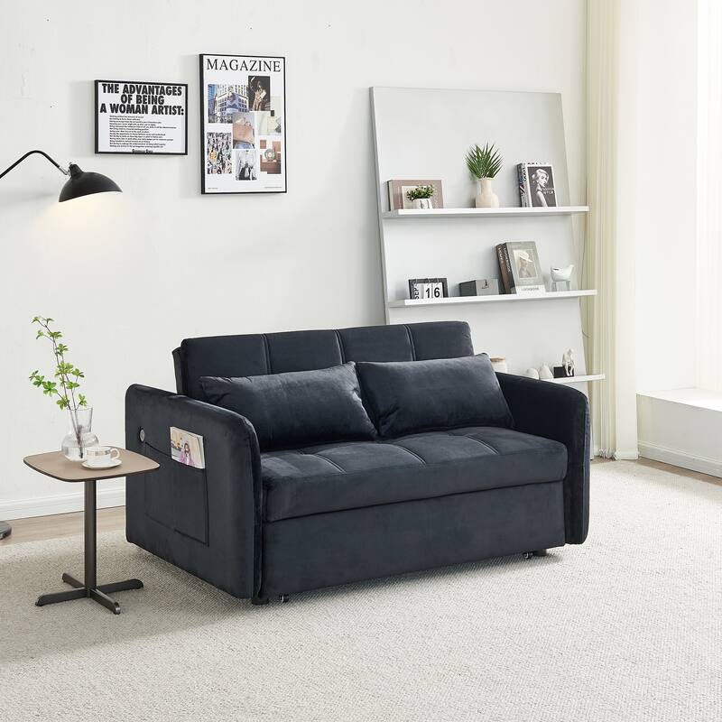3 in 1 Sleeper Sofa Couch Bed, Pull Out Loveseat with StorageTwins Velvet Convertible Sofa Couch with 2 Pockets & USB Ports