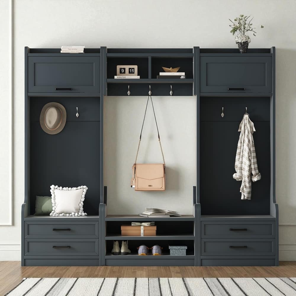 Detachable 4-in-1 Hall Tree with Bench, 7 Hooks, Drawers & Cabinets, Modular Entryway Coat Rack and Shoe Storage, 78" Wide