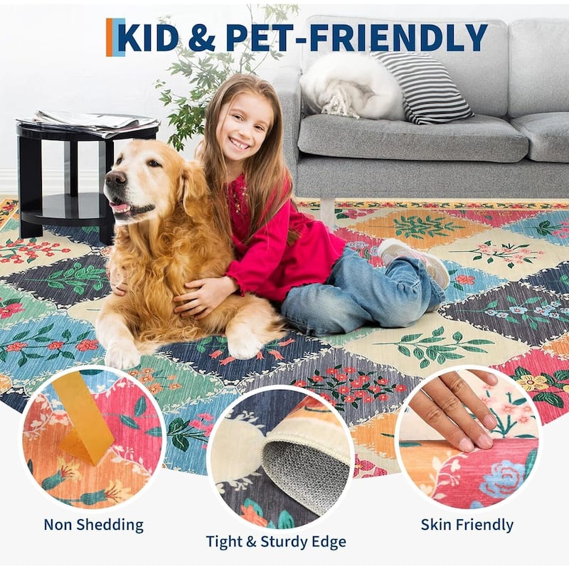 Vintage Floral Washbale Floor Cover Area Rug for Bedroom, Living Room, Colorful - 1'6" x 2'6"