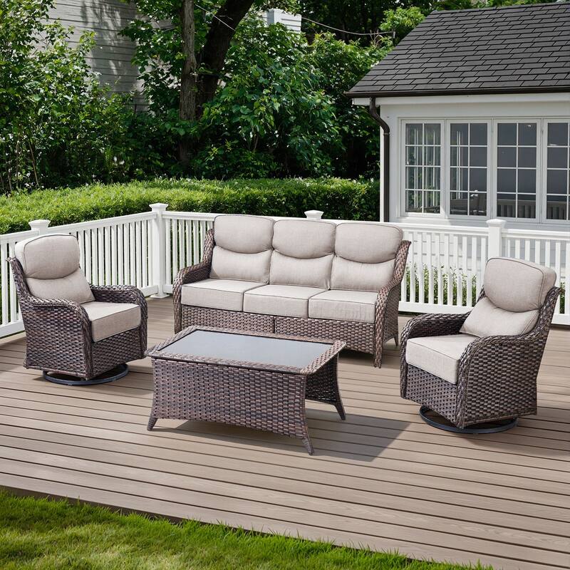 Arcadia 4-Piece Wicker Outdoor Patio Conversation Set with Swivel Gliders and 6-Inch Thick Olefin Cushions