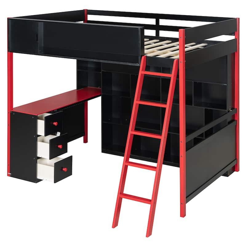 Full Size Gaming Loft Bed with Desk Full Wall Storage Shelf and 3 Drawers Storage Guardrail with Adjustable Door for Gaming Room