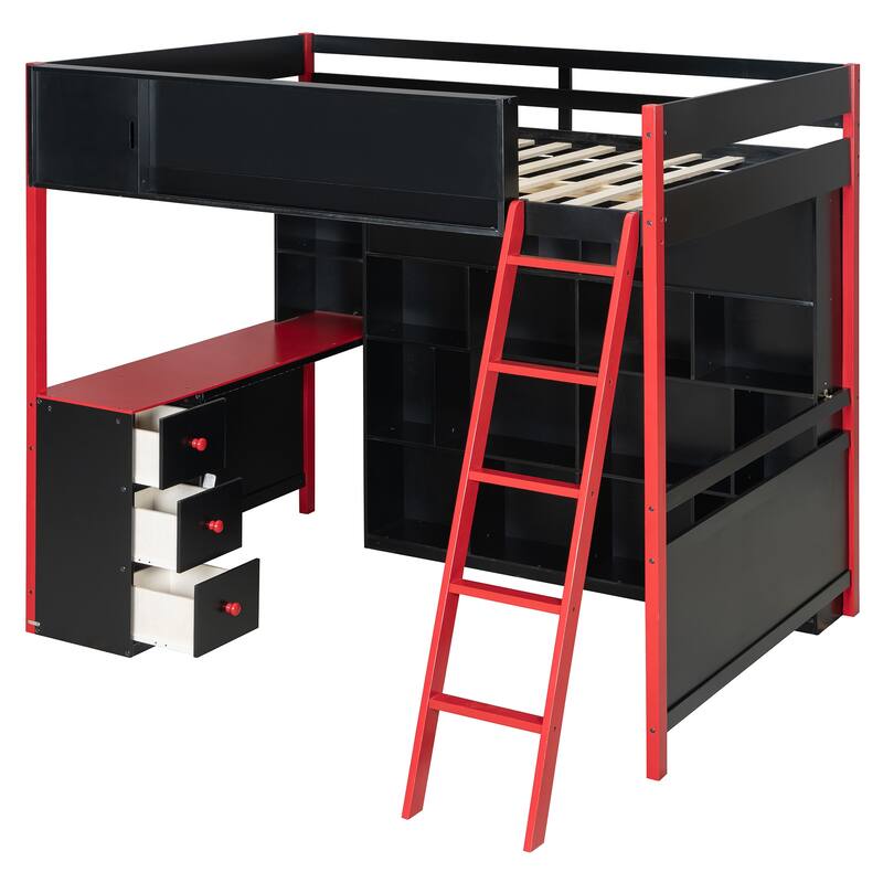 Roomfitters Full Size Gaming Loft Bed with Desk, Wall Shelves and RGB Light, Esports Hub