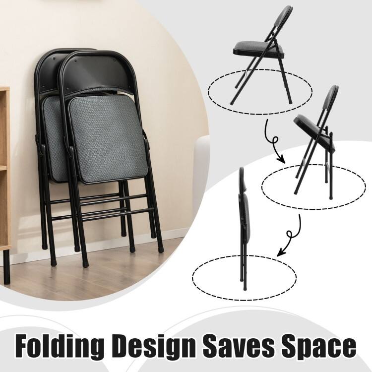 Black Fabric Upholstered Folding Chairs with Padded Seat and Sturdy Metal Frame - 18" x 20" x 30"